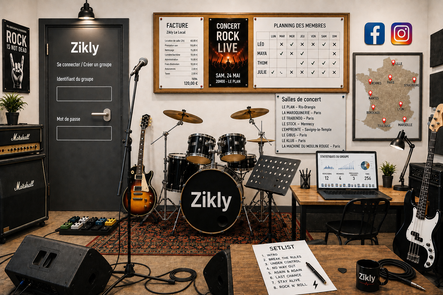 Local de répétition Zikly avec planning, factures, setlist et statistiques du groupe